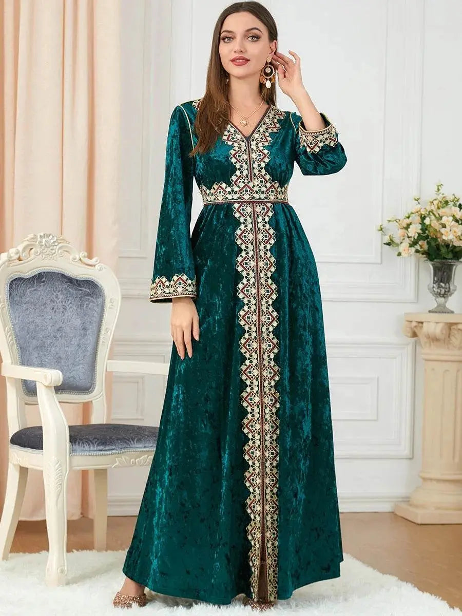 Luxury Green Velvet Floral Weaving Moroccan Kaftan - IVORYNN
