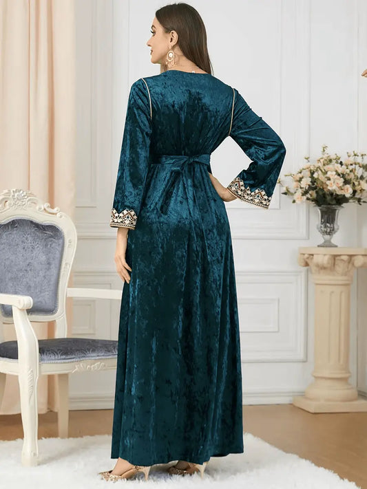 Luxury Green Velvet Floral Weaving Moroccan Kaftan
