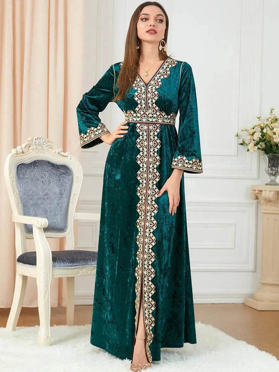 Luxury Green Velvet Floral Weaving Moroccan Kaftan - IVORYNN