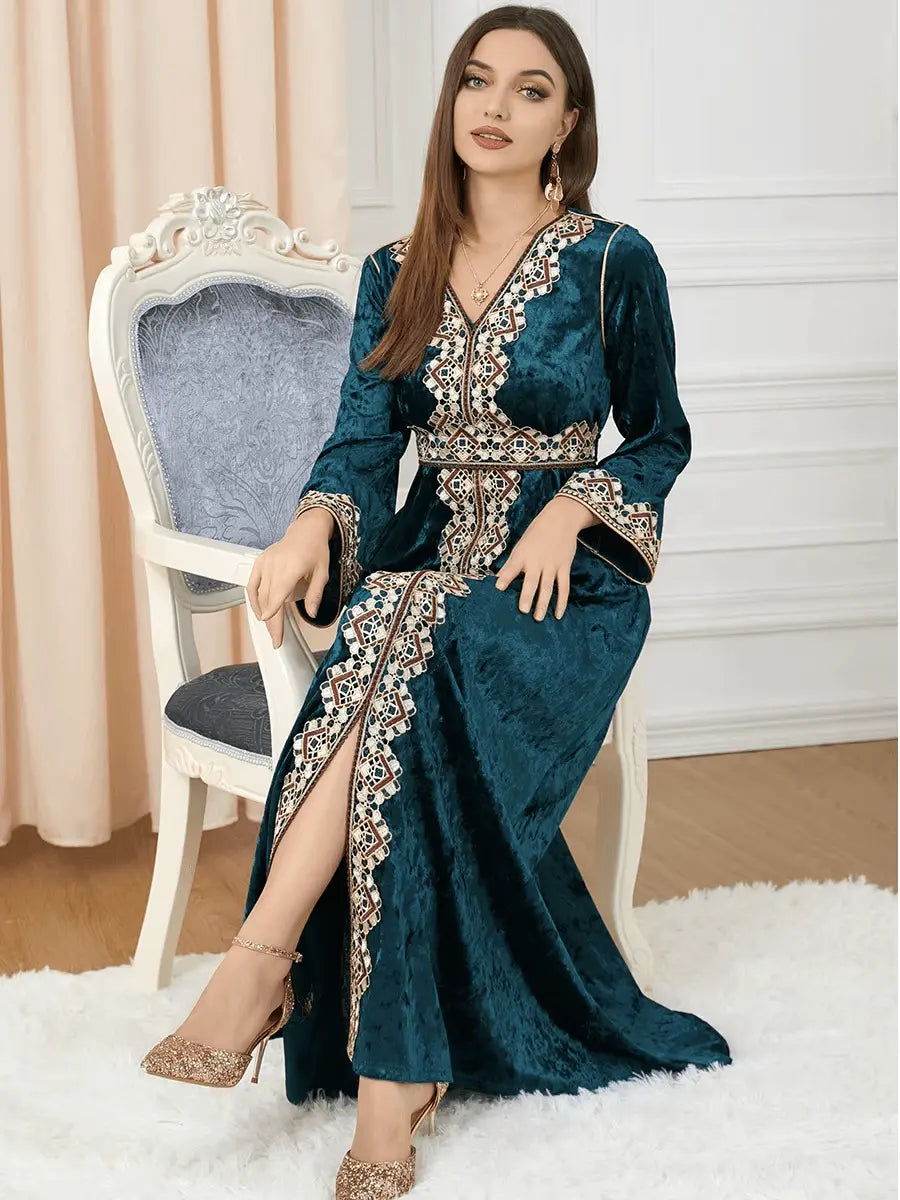 Luxury Green Velvet Floral Weaving Moroccan Kaftan - IVORYNN