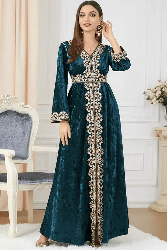 Luxury Green Velvet Floral Weaving Moroccan Kaftan - IVORYNN