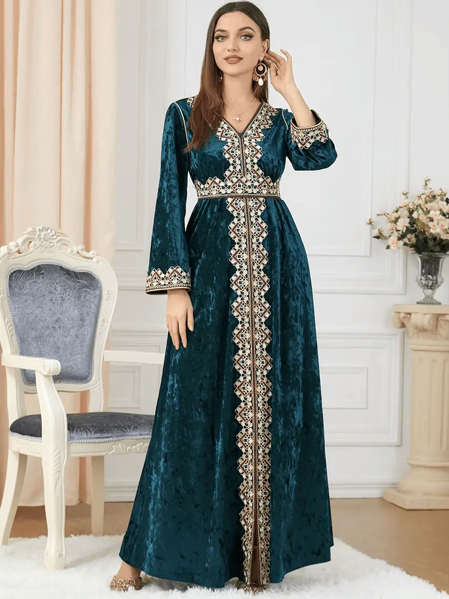 Luxury Green Velvet Floral Weaving Moroccan Kaftan - IVORYNN