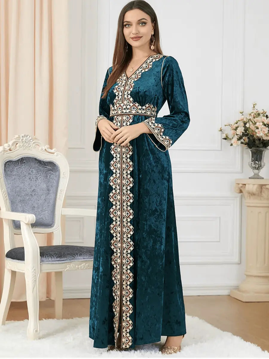 Luxury Green Velvet Floral Weaving Moroccan Kaftan - IVORYNN