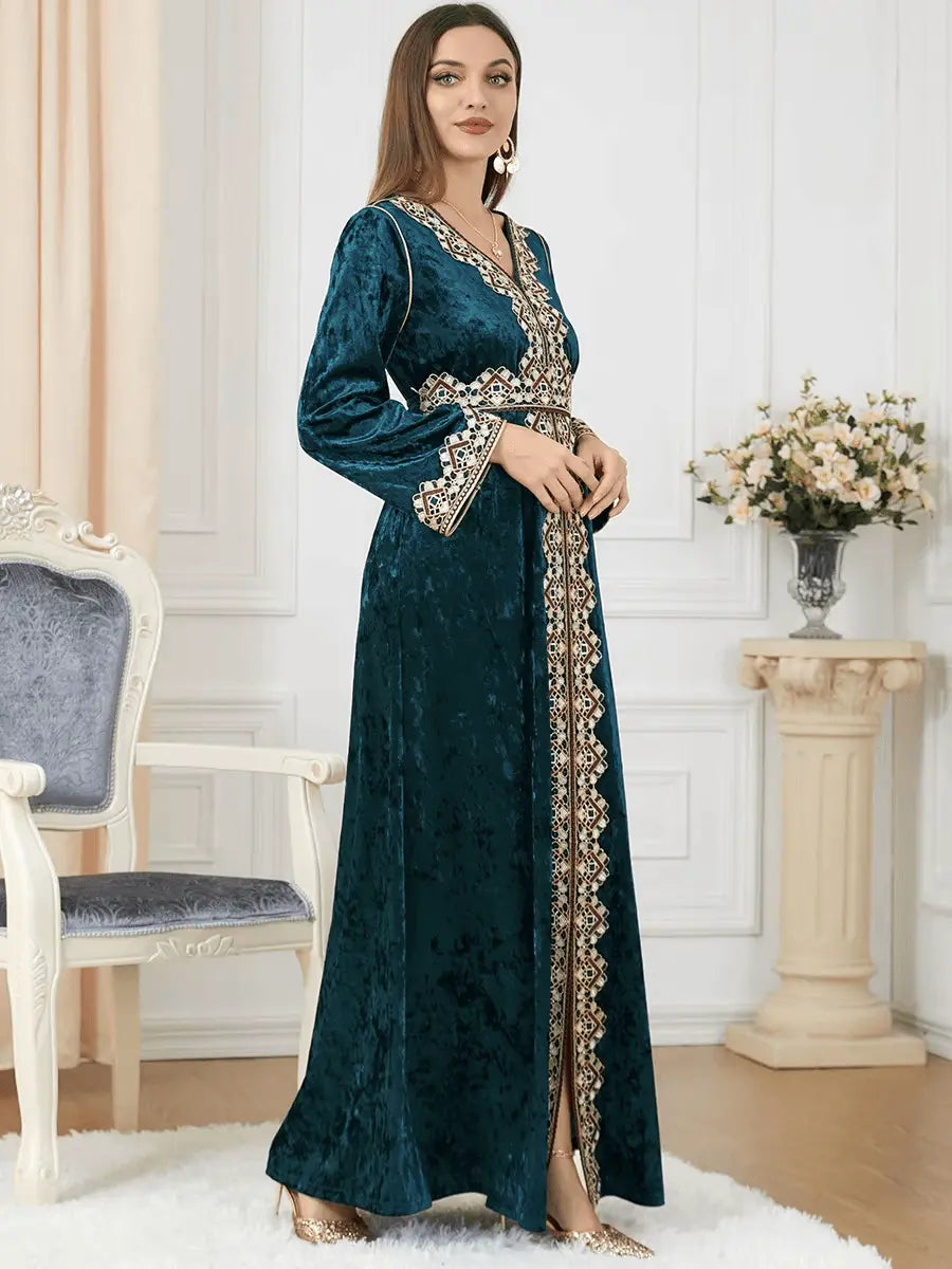Luxury Green Velvet Floral Weaving Moroccan Kaftan - IVORYNN