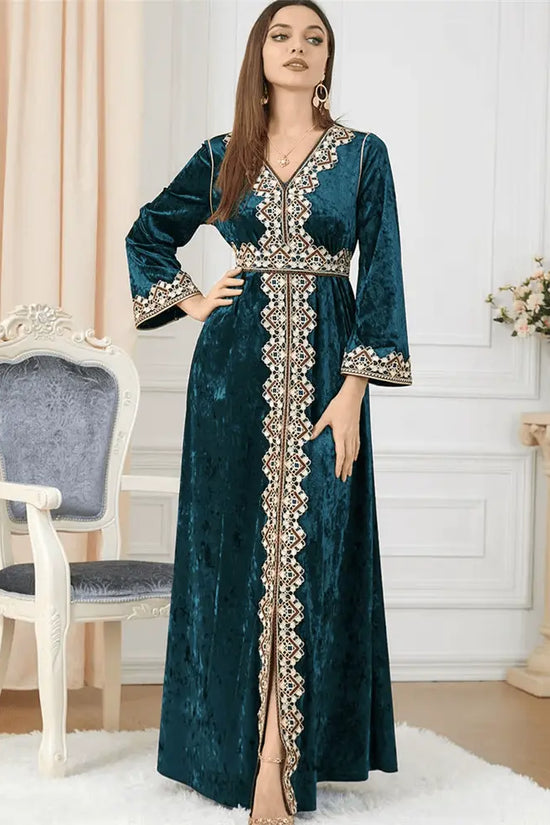 Luxury Green Velvet Floral Weaving Moroccan Kaftan - IVORYNN