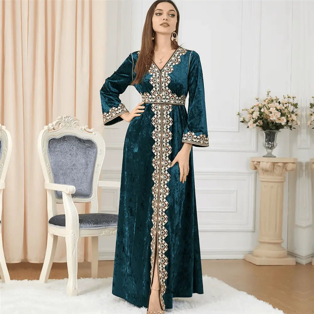 Luxury Green Velvet Floral Weaving Moroccan Kaftan - IVORYNN