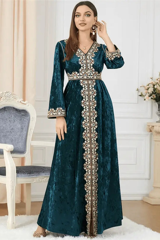 Luxury Green Velvet Floral Weaving Moroccan Kaftan - IVORYNN