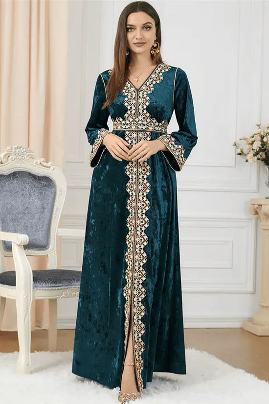 Luxury Green Velvet Floral Weaving Moroccan Kaftan - IVORYNN