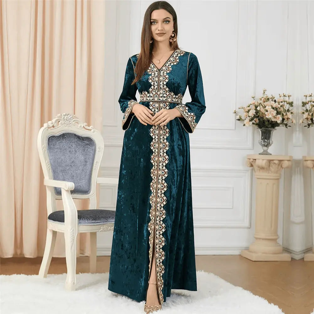 Luxury Green Velvet Floral Weaving Moroccan Kaftan - IVORYNN