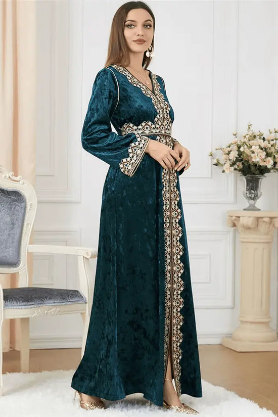 Luxury Green Velvet Floral Weaving Moroccan Kaftan - IVORYNN