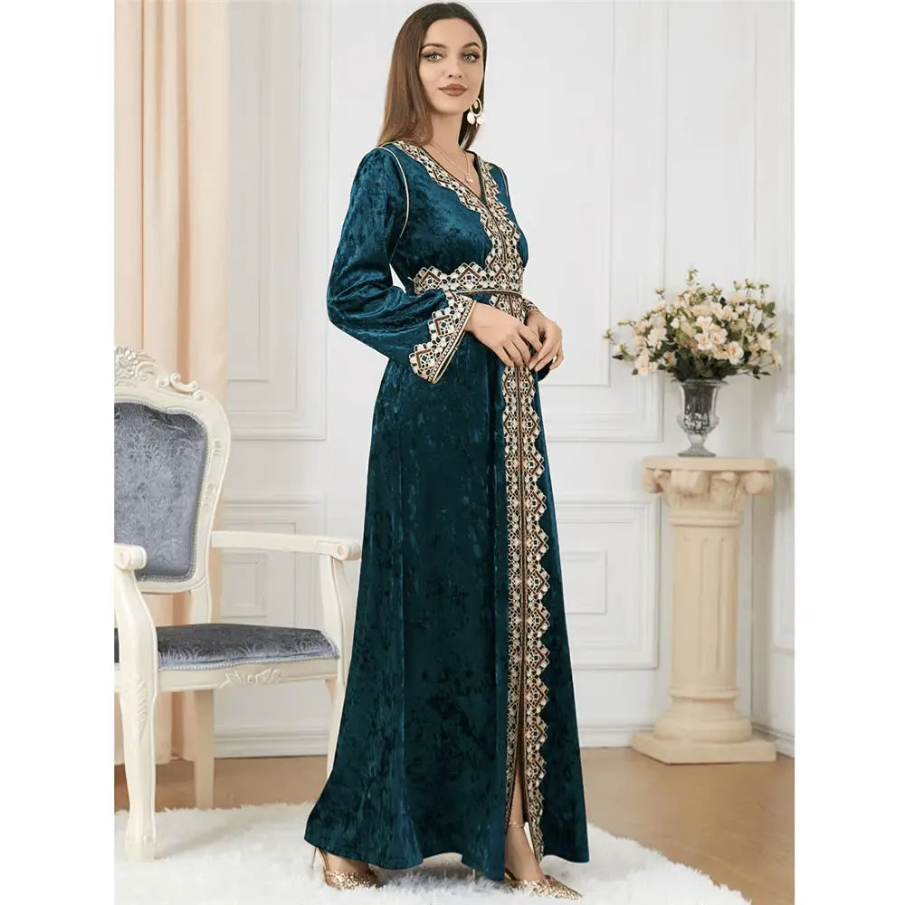 Luxury Green Velvet Floral Weaving Moroccan Kaftan - IVORYNN