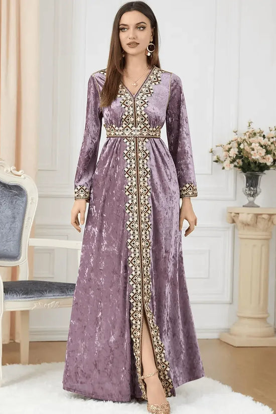 Luxury Pink Velvet Floral Weaving Moroccan Kaftan - IVORYNN