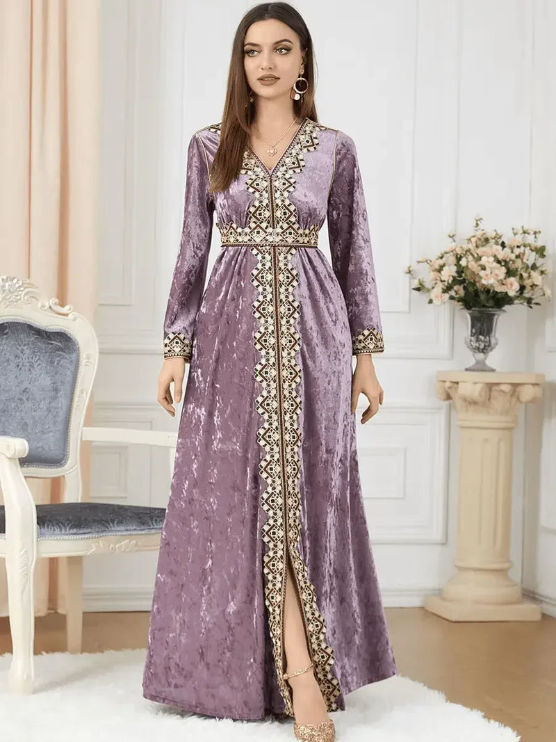 Luxury Pink Velvet Floral Weaving Moroccan Kaftan