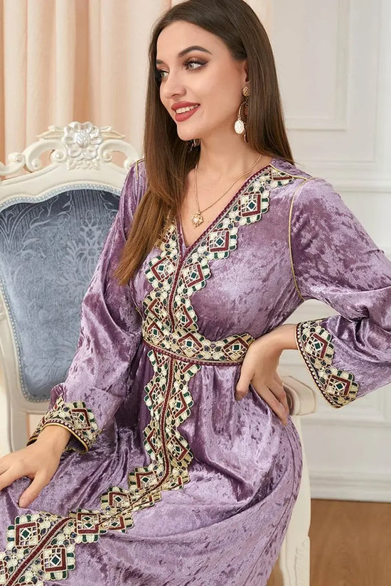 Luxury Pink Velvet Floral Weaving Moroccan Kaftan - IVORYNN