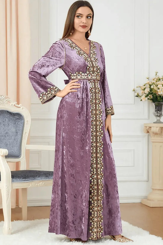 Luxury Pink Velvet Floral Weaving Moroccan Kaftan - IVORYNN