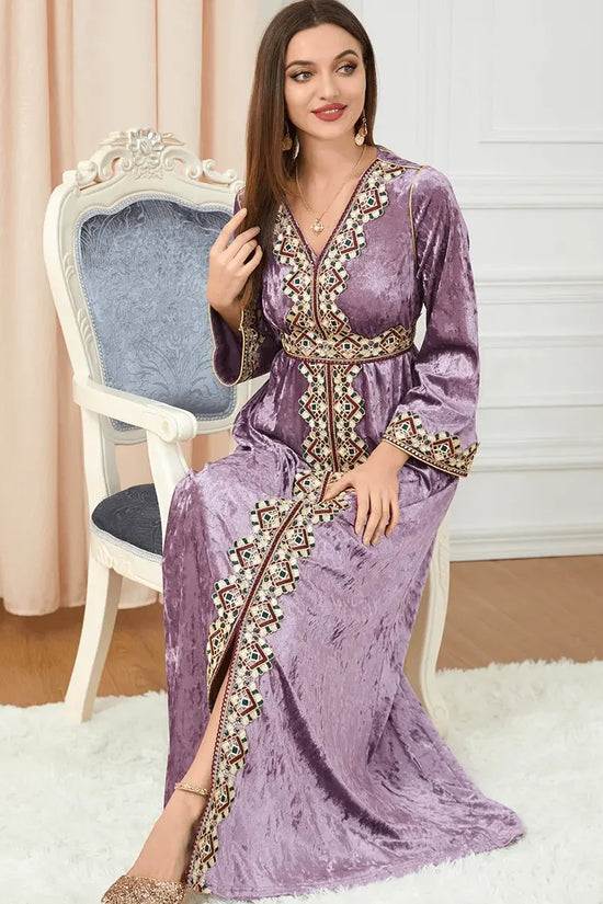 Luxury Pink Velvet Floral Weaving Moroccan Kaftan - IVORYNN