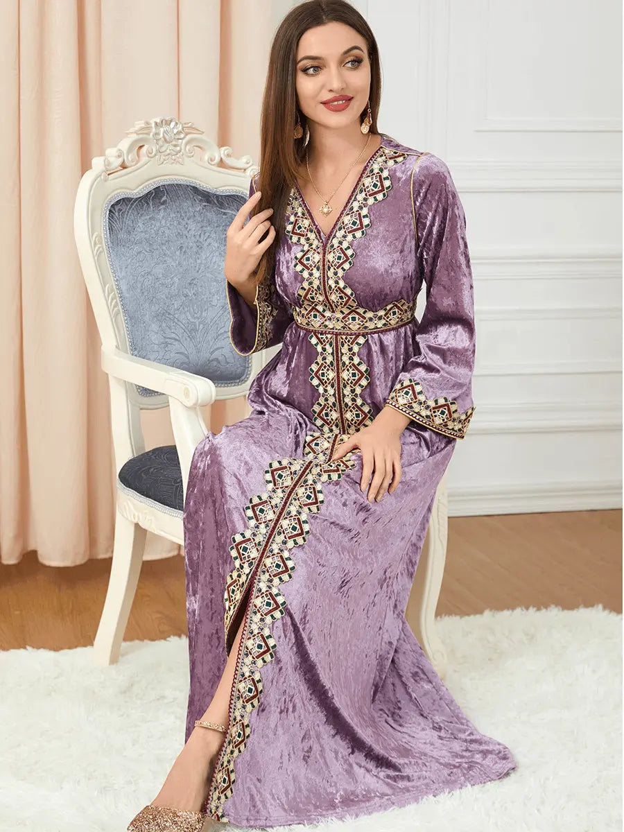 Luxury Pink Velvet Floral Weaving Moroccan Kaftan - IVORYNN