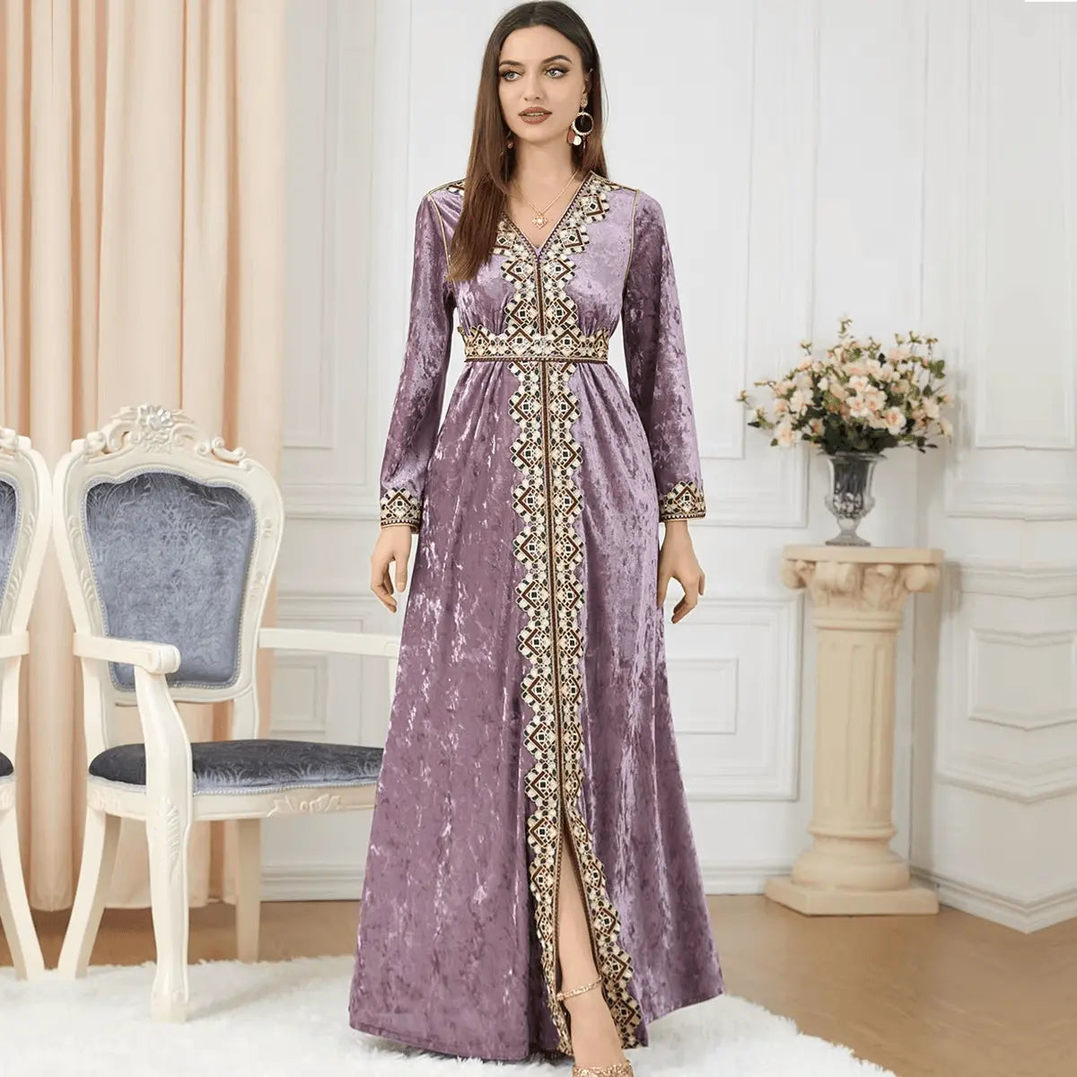 Luxury Pink Velvet Floral Weaving Moroccan Kaftan - IVORYNN