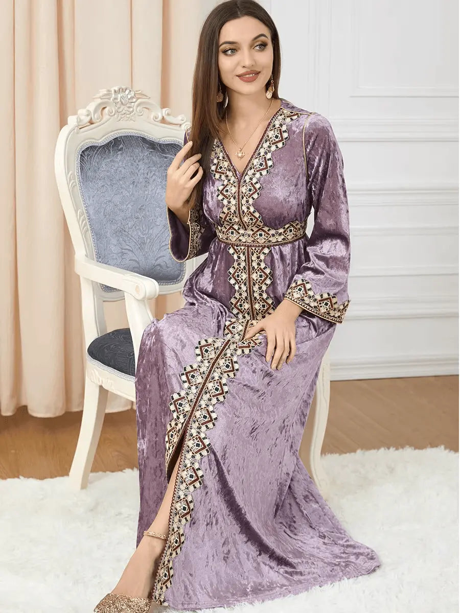 Luxury Pink Velvet Floral Weaving Moroccan Kaftan - IVORYNN
