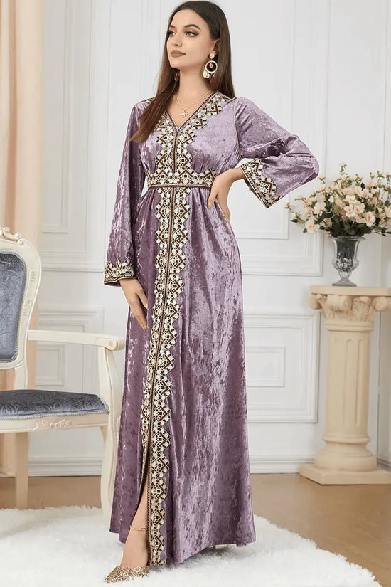 Luxury Pink Velvet Floral Weaving Moroccan Kaftan - IVORYNN