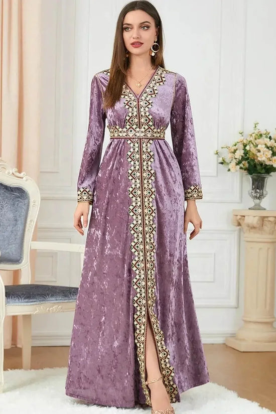 Luxury Pink Velvet Floral Weaving Moroccan Kaftan - IVORYNN