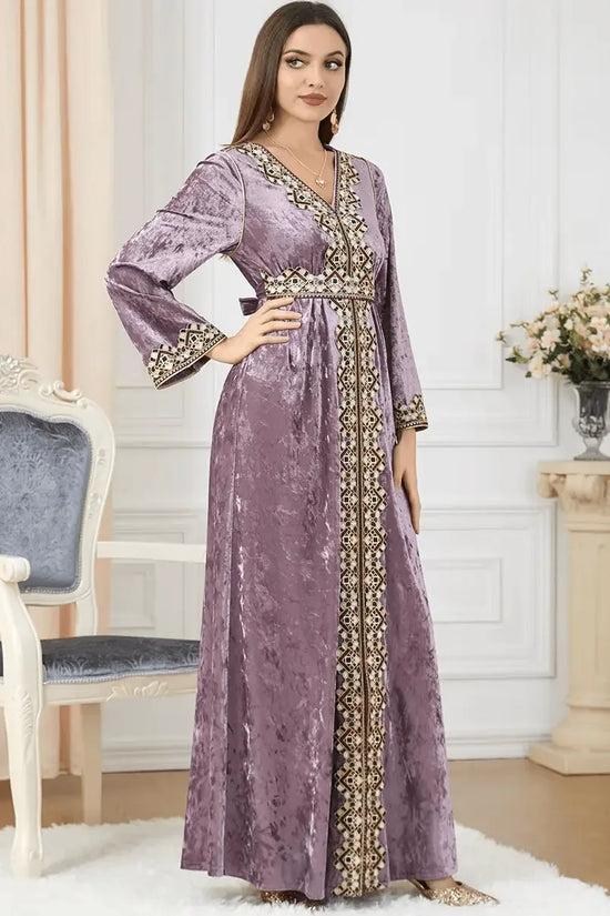Luxury Pink Velvet Floral Weaving Moroccan Kaftan - IVORYNN