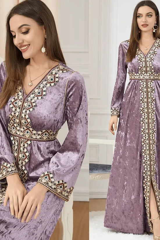 Luxury Pink Velvet Floral Weaving Moroccan Kaftan - IVORYNN