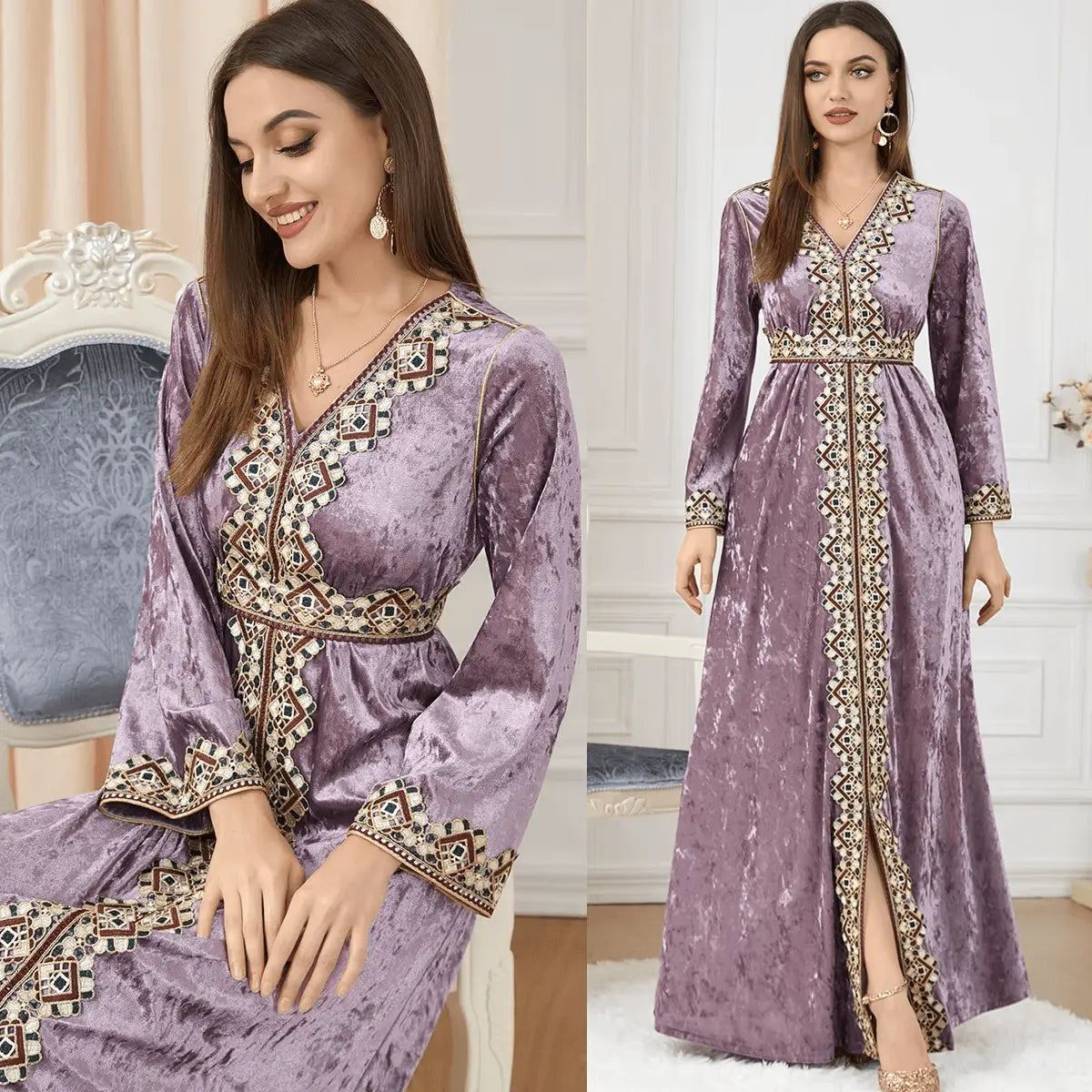 Luxury Pink Velvet Floral Weaving Moroccan Kaftan - IVORYNN