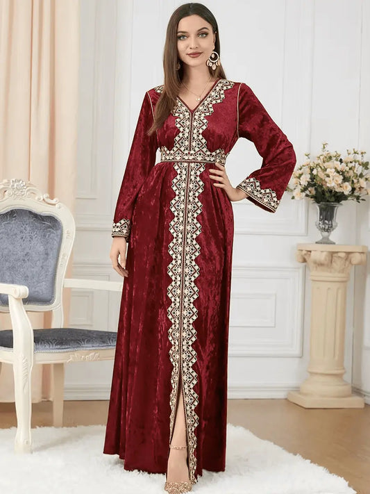 Luxury Red Velvet Floral Weaving Moroccan Kaftan