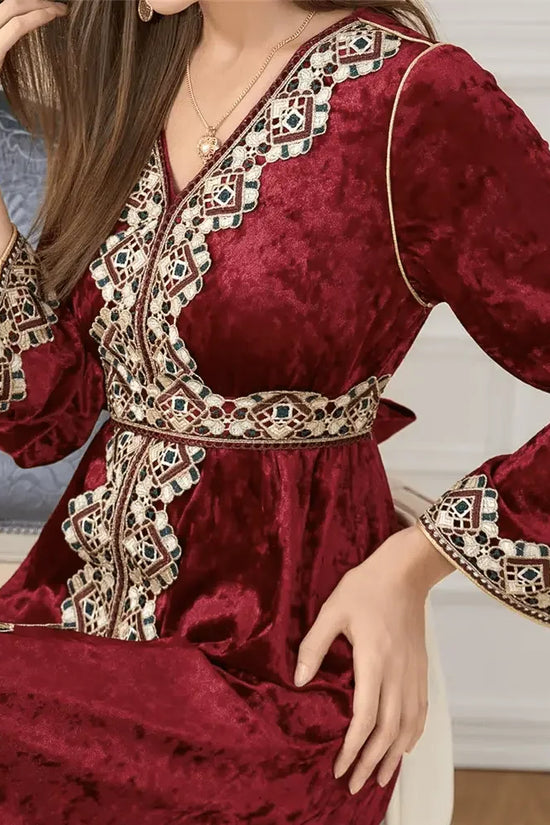 Luxury Red Velvet Floral Weaving Moroccan Kaftan - IVORYNN