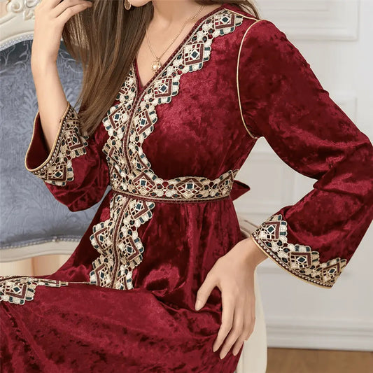 Luxury Red Velvet Floral Weaving Moroccan Kaftan