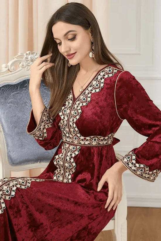 Luxury Red Velvet Floral Weaving Moroccan Kaftan - IVORYNN