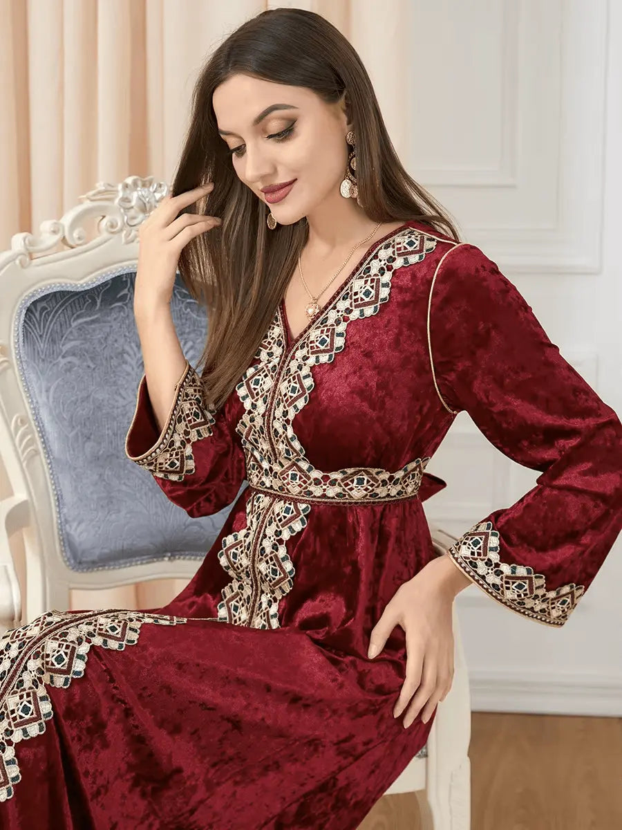 Luxury Red Velvet Floral Weaving Moroccan Kaftan - IVORYNN