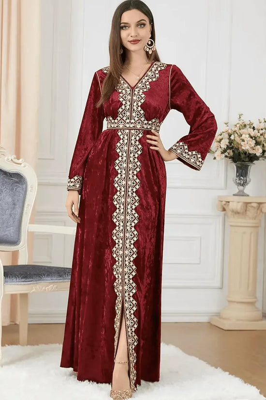 Luxury Red Velvet Floral Weaving Moroccan Kaftan - IVORYNN
