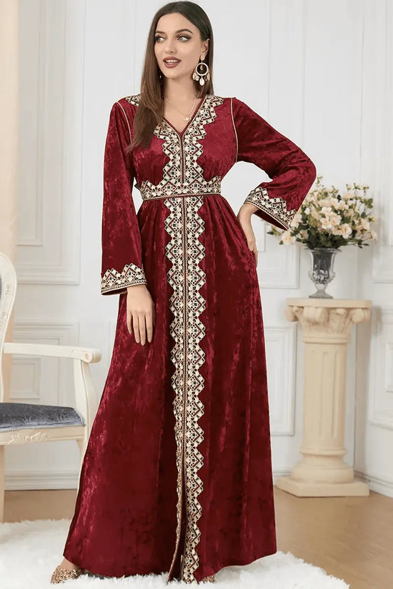 Luxury Red Velvet Floral Weaving Moroccan Kaftan - IVORYNN