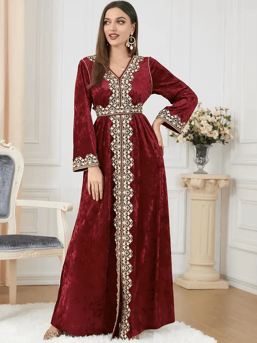Luxury Red Velvet Floral Weaving Moroccan Kaftan - IVORYNN