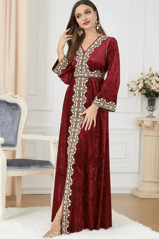 Luxury Red Velvet Floral Weaving Moroccan Kaftan - IVORYNN