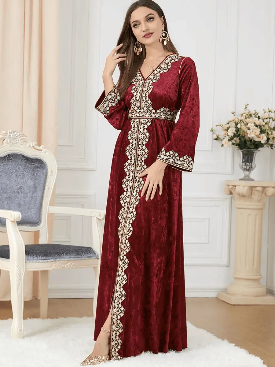 Luxury Red Velvet Floral Weaving Moroccan Kaftan - IVORYNN