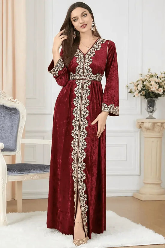 Luxury Red Velvet Floral Weaving Moroccan Kaftan - IVORYNN