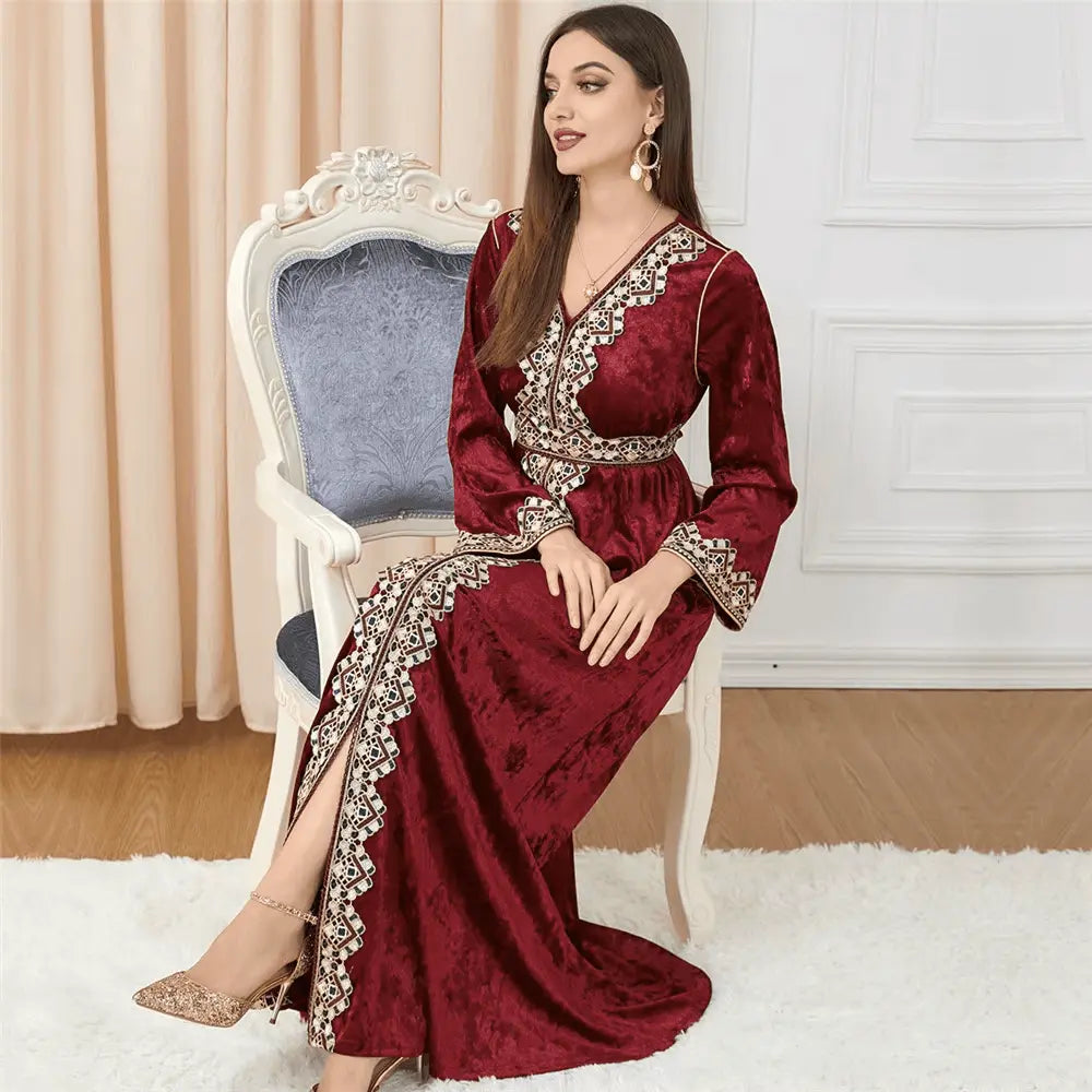 Luxury Red Velvet Floral Weaving Moroccan Kaftan - IVORYNN