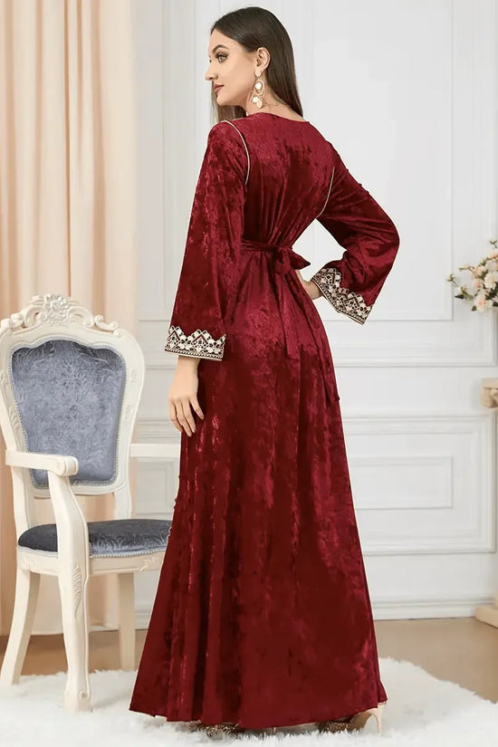 Luxury Red Velvet Floral Weaving Moroccan Kaftan - IVORYNN