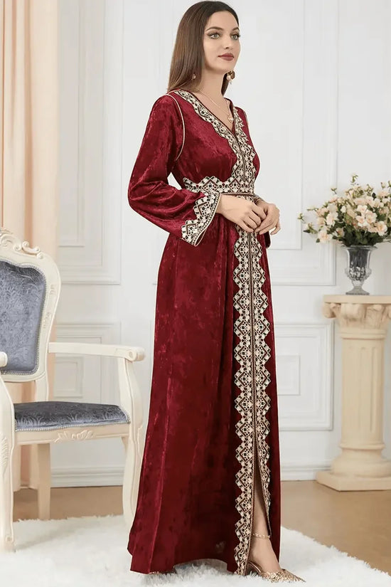 Luxury Red Velvet Floral Weaving Moroccan Kaftan - IVORYNN