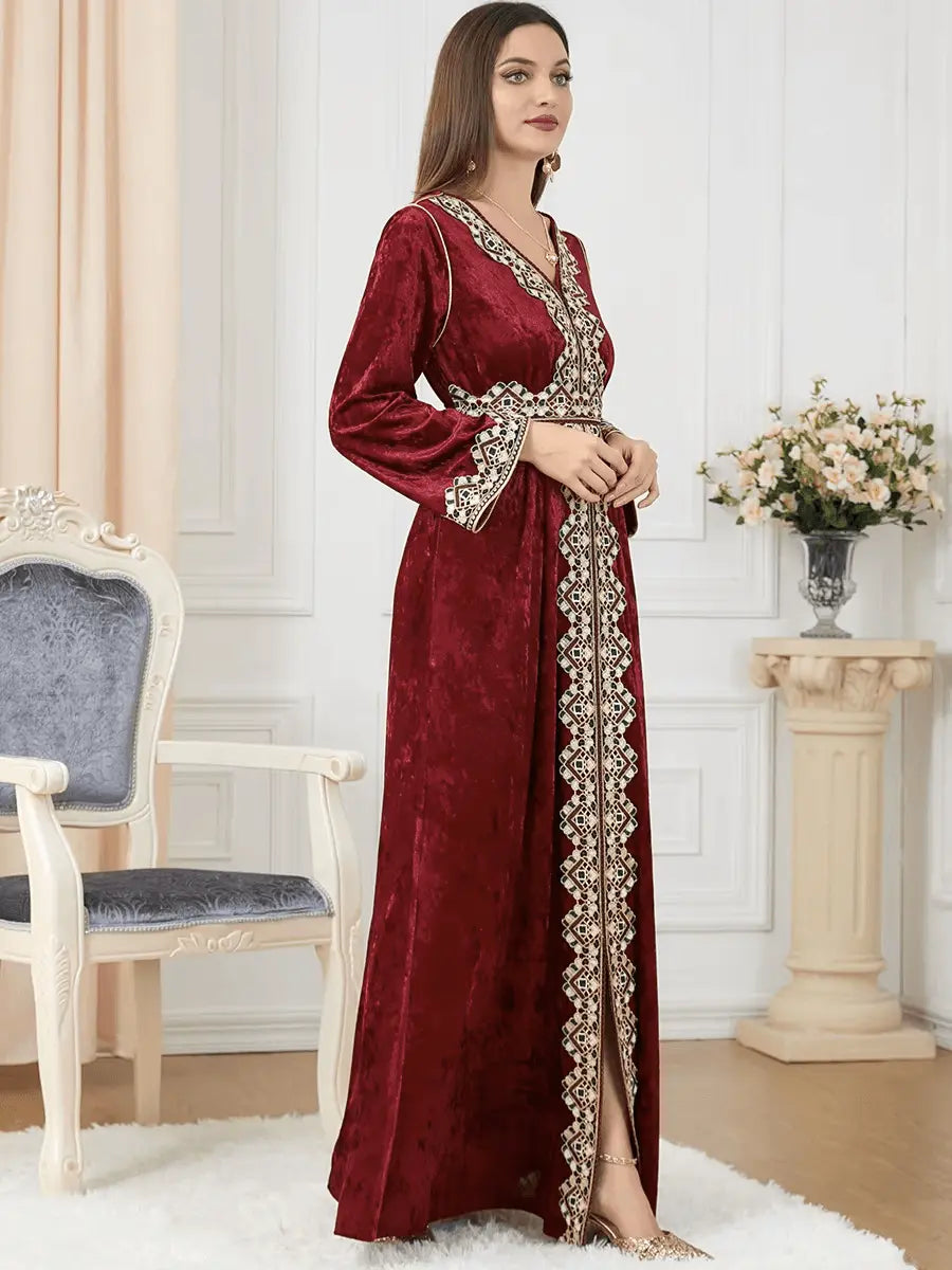 Luxury Red Velvet Floral Weaving Moroccan Kaftan - IVORYNN