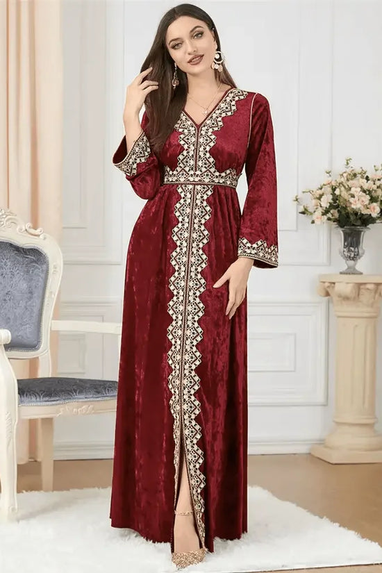 Luxury Red Velvet Floral Weaving Moroccan Kaftan - IVORYNN