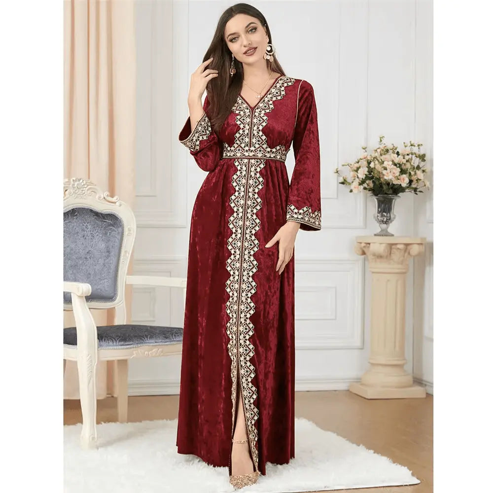 Luxury Red Velvet Floral Weaving Moroccan Kaftan - IVORYNN