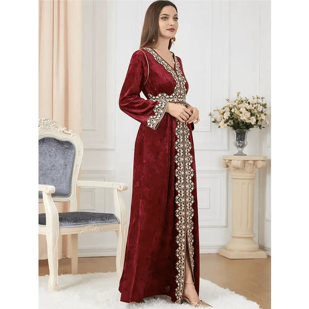 Luxury Red Velvet Floral Weaving Moroccan Kaftan - IVORYNN