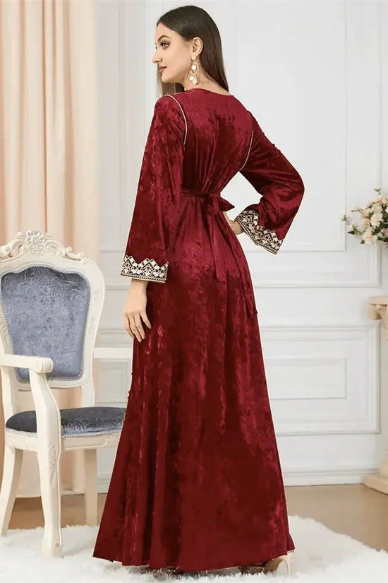 Luxury Red Velvet Floral Weaving Moroccan Kaftan - IVORYNN