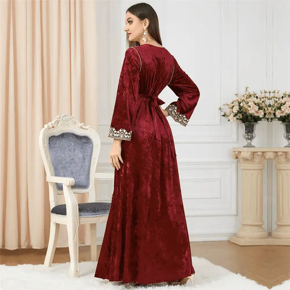 Luxury Red Velvet Floral Weaving Moroccan Kaftan - IVORYNN