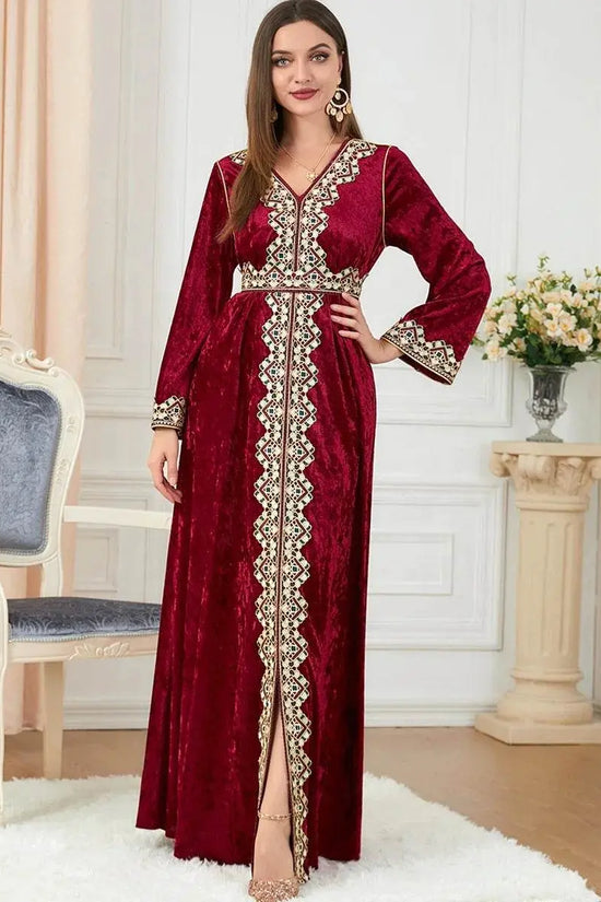 Luxury Red Velvet Floral Weaving Moroccan Kaftan - IVORYNN