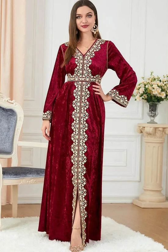 Luxury Red Velvet Floral Weaving Moroccan Kaftan - IVORYNN